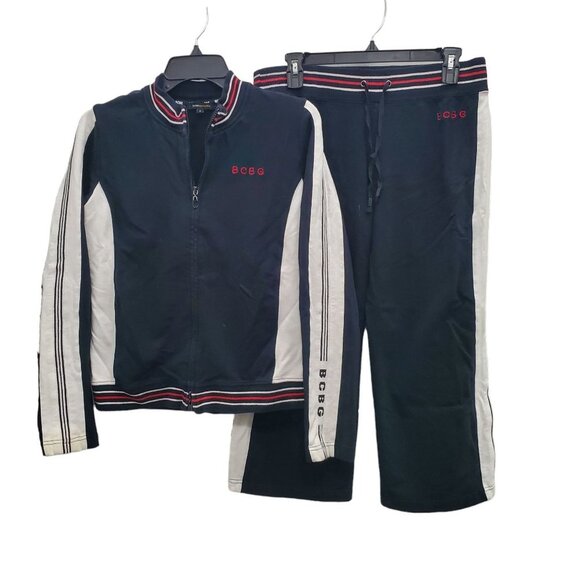 BCBGMaxAzria Women's Y2K Navy White Stripe Embroidered Cropped Tracksuit‎ Sz L - Picture 1 of 12